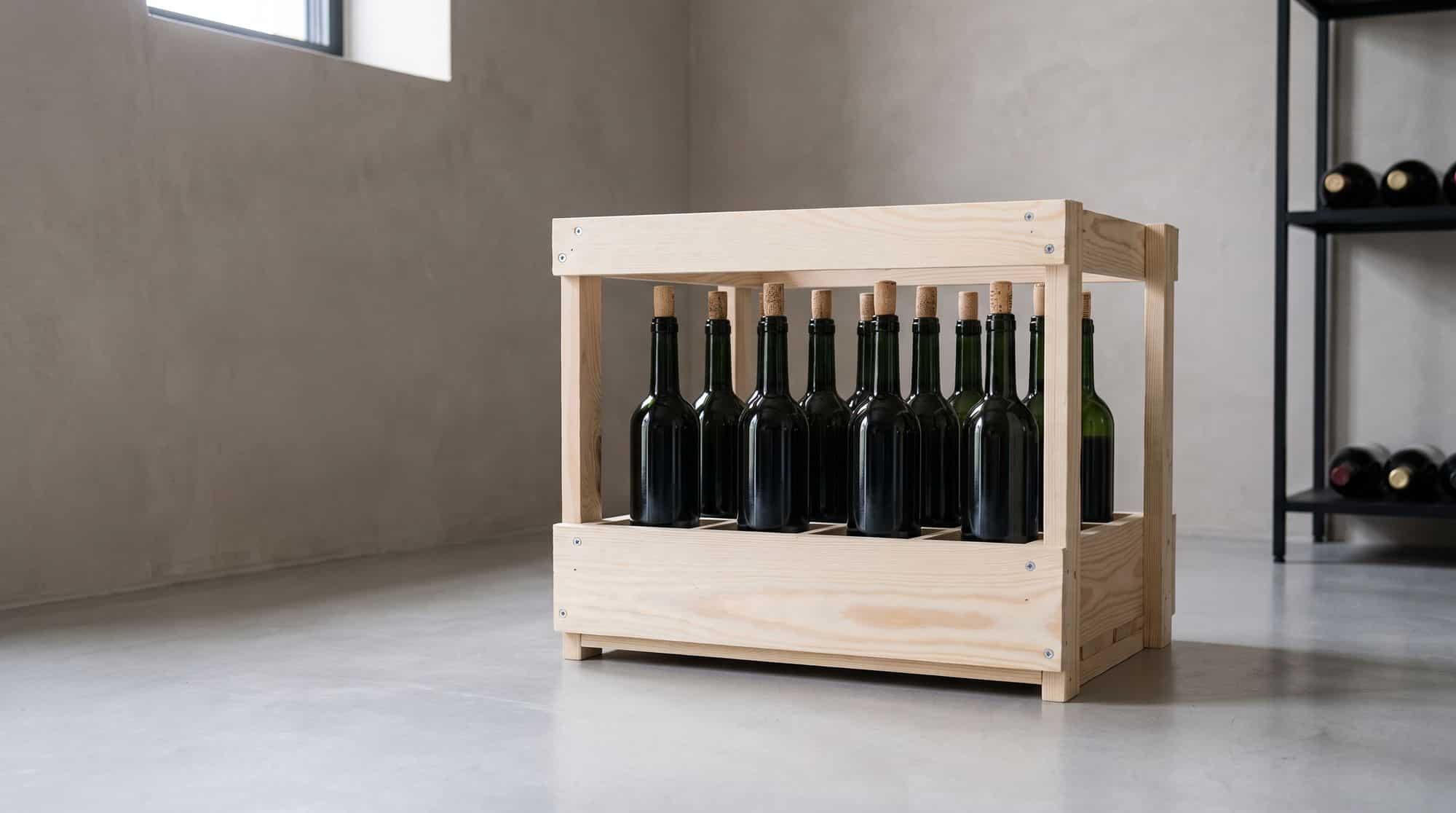 Casier à vin en bois rempli de 12 bouteilles de vin debout, dans une cave