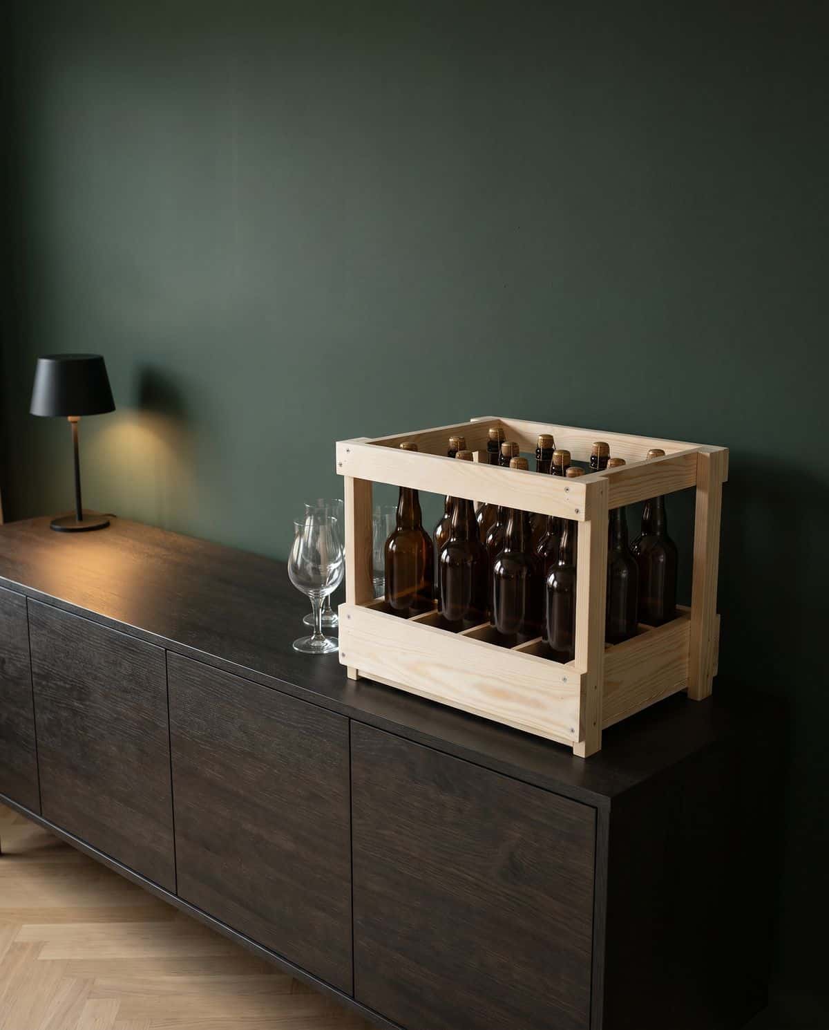 Casier à bière en bois pour 12 bouteilles de 75 cl sur un buffet sombre, lampe noire et verres tulipe