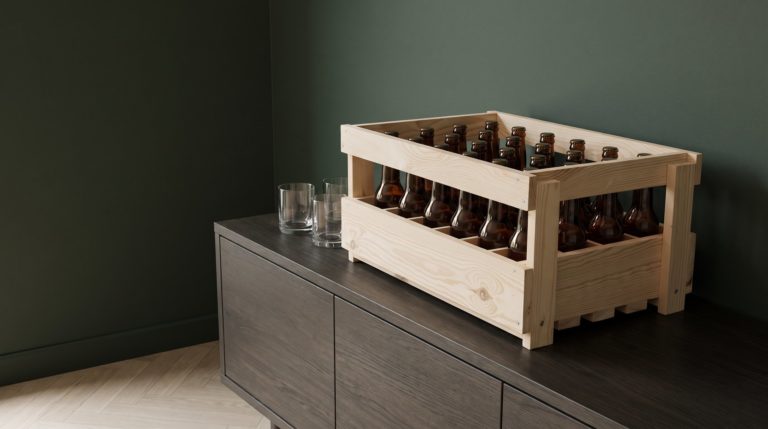 Casier à bière en bois neuf de 24 cases rempli de bouteilles Steinie de 33 cl, sur un buffet sombre devant un mur vert