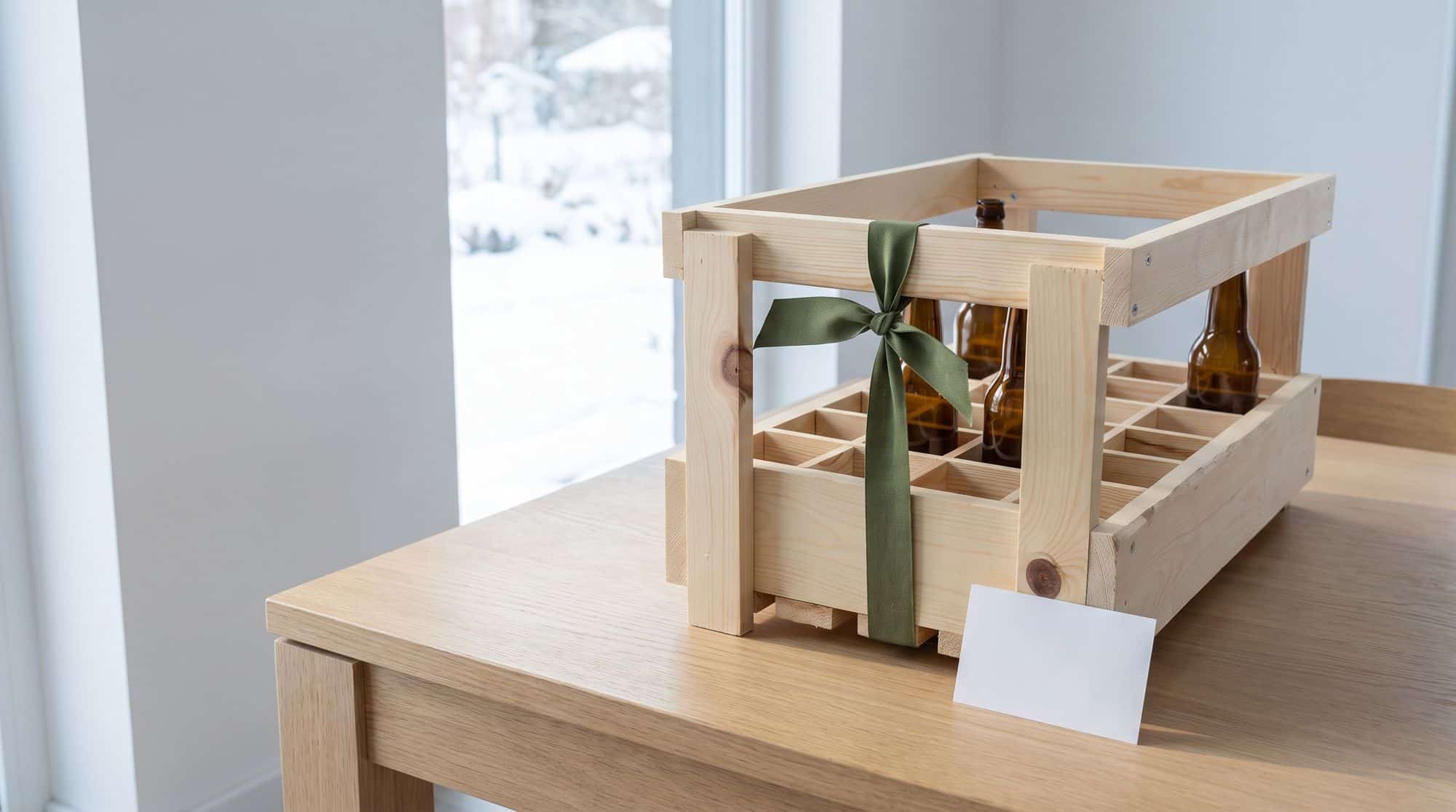 Casier à bière en bois de 24 cases noué d'un ruban vert, posé sur une table avec une carte, idée cadeau