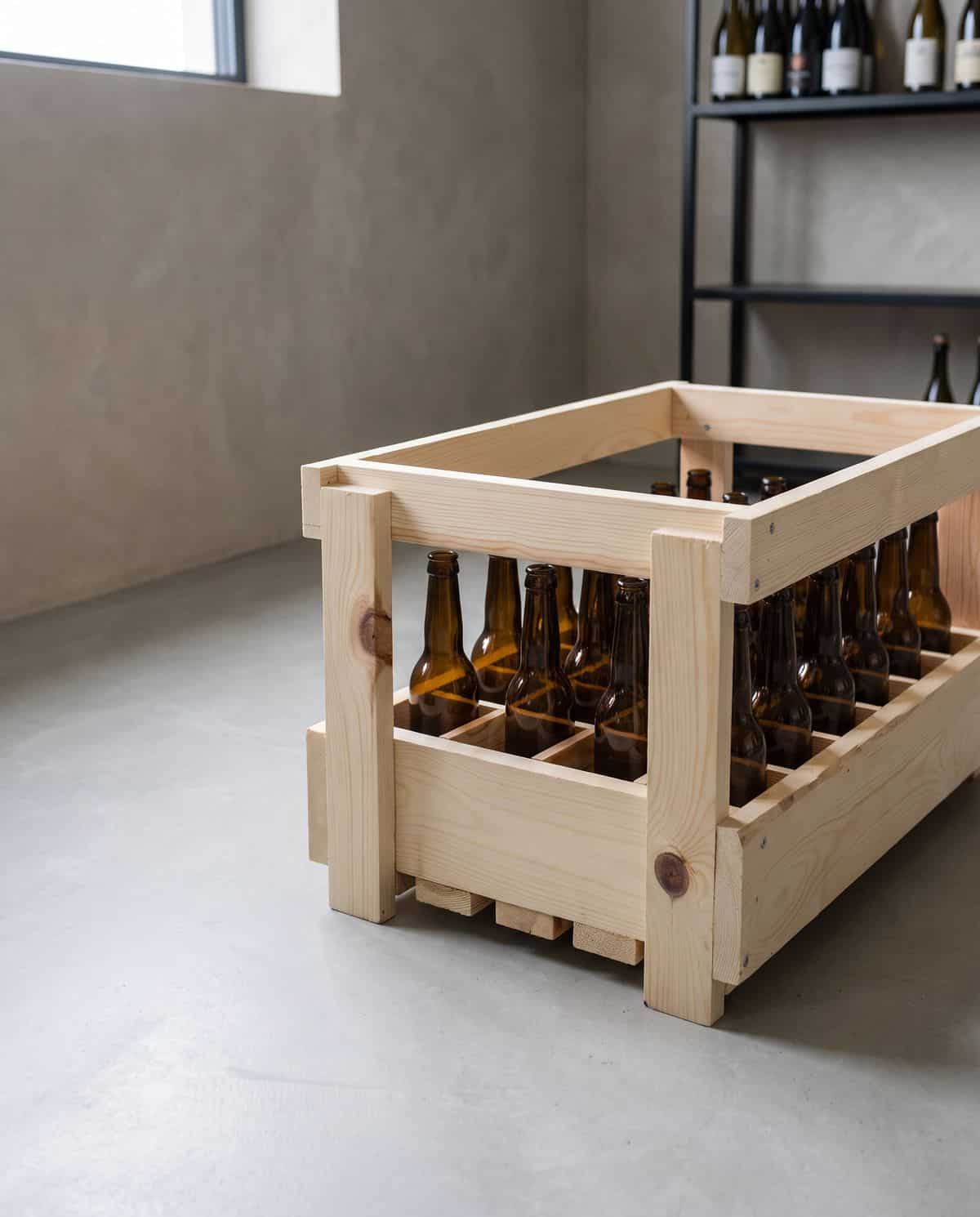 Casier à bière en bois rempli de 24 bouteilles long neck de 33 cl, dans une cave au sol de béton poli