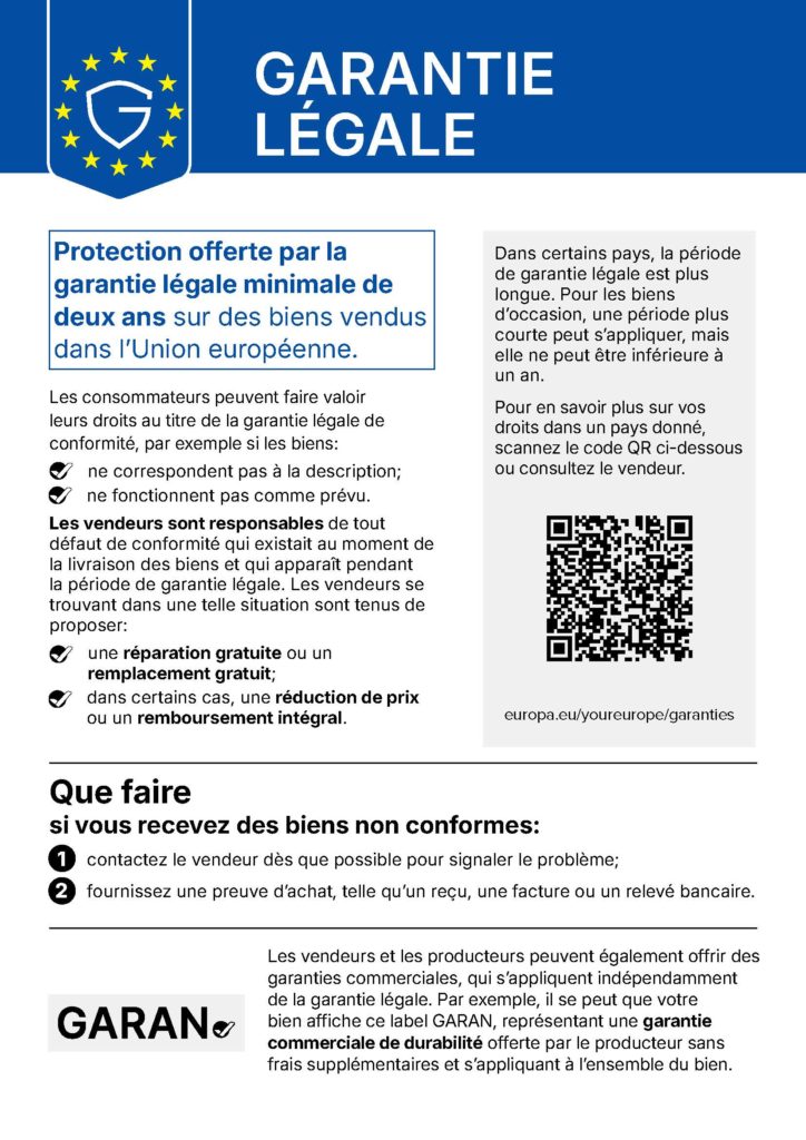 Avis officiel de l’Union européenne : garantie légale de conformité de 2 ans pour les biens achetés dans l’UE
